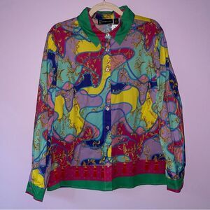 NEW NY & Co XL Blouse Artsy Collar Button Colorful Print